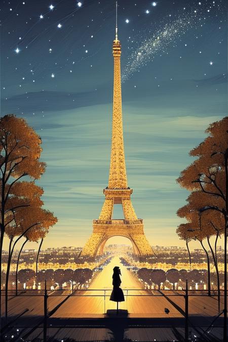 vgmstyle1, 1girl, looking at the sky, solo, paris, eiffeltower, masterpiece