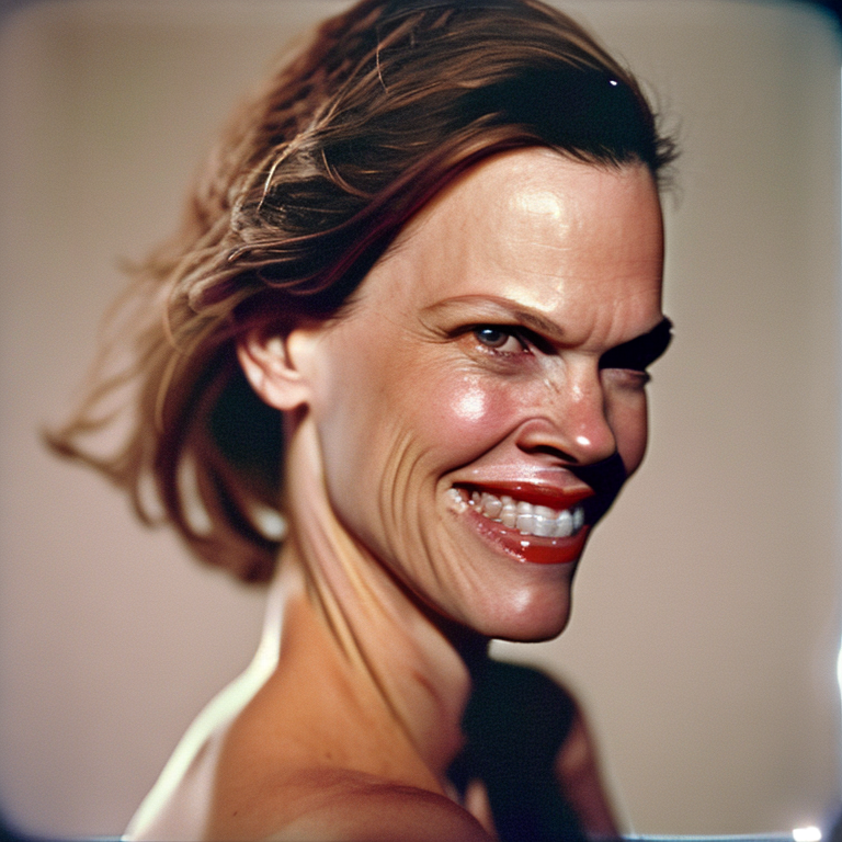 A close up glamour photograph of (Hilary Swank)  smiling for the camera studio lighting gradient background clear face pal...