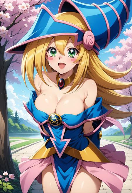 aadmg, long hair, blonde hair, hat, blue headwear, green eyes, blush stickers, breasts, choker, bare shoulders, cleavage, blue dress, pentacle, vambraces, pelvic curtain, pink skirt