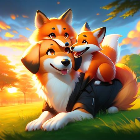 doggybackride, dog, fox, dog laying, sunset, park, grass, anime