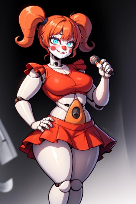 masterpiece, best quality, illustration, 1girl, solo, standing, circus baby, gynoid, robot, holding microphone, hand on hip, large woman, red dress, red hair, makeup, twintails, clown, white skin, glowing eyes, blue eyes, robot, small breasts, wide hips, thick thighs, lookin at viewer, seductive smile, smug, gradient background, black background, purple background, <lora:CircusBabyV1:1>