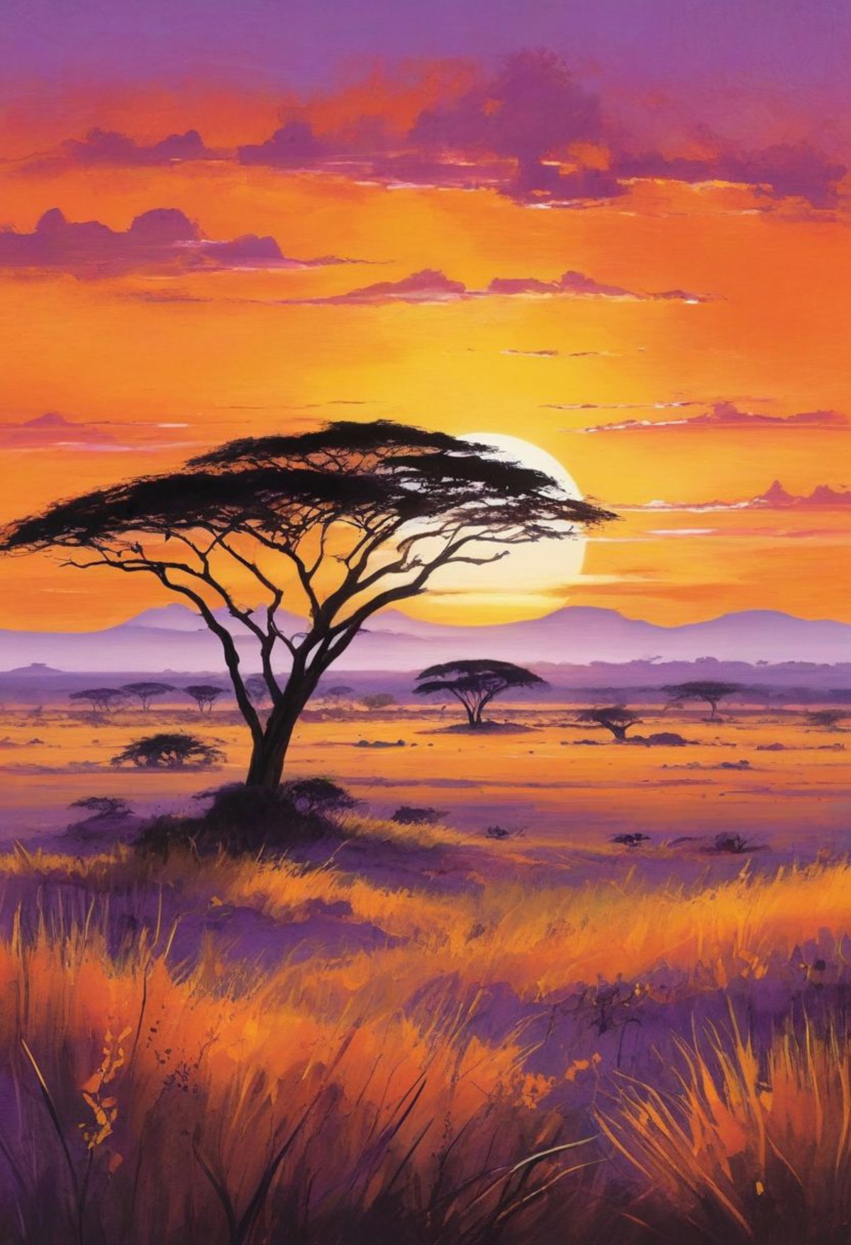 Create an illustration of the African savanna in all its glory, bathed in the warm hues of the setting sun, with the horiz...