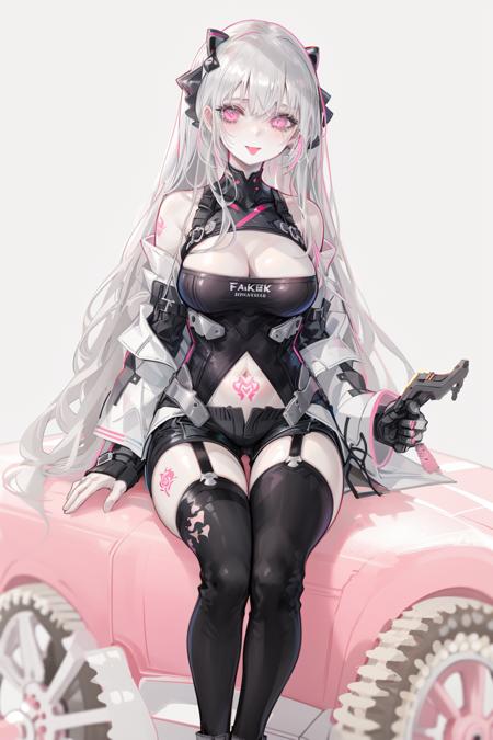 nslacka, 1girl, breasts, long hair, solo, sangvis ferri, large breasts, cleavage, motor vehicle, sitting, thighhighs, tongue, ground vehicle, tongue out, pink eyes, pale skin, motorcycle, looking at viewer, tattoo, garter straps, :p, grey hair, bangs, shorts, boots, white hair, very long hair, white background, cleavage cutout, clothing cutout, simple background, smile, black thighhighs<lora:nslacka:1>