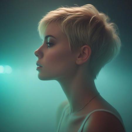 Beautiful blonde Young woman, short pixie hairstyle, 20 years old, cute face ,profile, looking slightly upward, moody, hazy, foggy, neon lights break through the dense fog, artsy, pop album cover shot, graphic design background, close up on woman's face