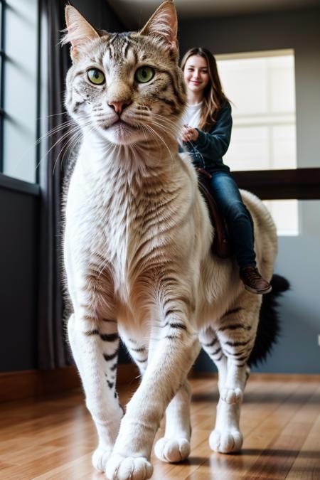 full body,photo of a 18 year old girl,riding on a oversized cat,running,happy,looking at viewer,ray tracing,detail shadow,shot on Fujifilm X-T4,85mm f1.2,sharp focus,depth of field,blurry background,bokeh,lens flare,motion blur,<lora:add_detail:1>,