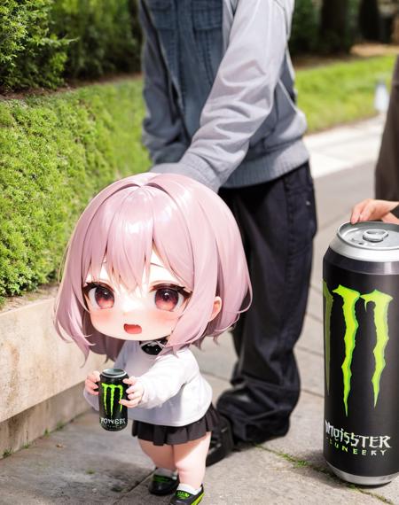 1girl, chibi,  holding monster energy,  monster energy, focus monster energy, <lora:my_LoRA_monsterEenergy_v2:0.5>