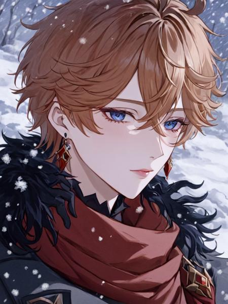 <lora:dadaliya2:1>,1boy, male focus, gloves, solo, tartaglia (genshin impact), black gloves, jewelry, earrings, single earring, parted lips, looking at viewer, coat, jacket, snow, snowing, outdoors, scarf, portrait, fur trim, red scarf, upper body