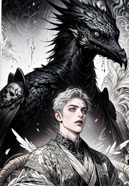 realistic, (masterpiece, top quality, best quality, official art, beautiful and aesthetic:1.2), extremely detailed,fractal art,colorful,highest detailed,zentangle,(abstract background:1.5) (1boy + 1girl:1.3), (crows),silver hair, bright eyes,hair slicked back, short hair, black robe, dark fantasy, holy, horror, most beautiful photo, photorealistic, dragons, skulls