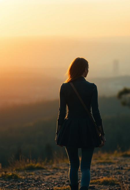 lone roguish female figure, walking away, glancing over shoulder, distant cityscape, transitioning from forest to urban environment, golden light of early morning or late afternoon, cinematic, journey progression, emotional warmth, subtle glance, candid, moment of doubt or hesitation, reflection on the journey, (forest in the background:1.2), city on the horizon, inviting introspection, natural light, dramatic lighting, depth of field, (captured naturally:1.2), (detailed background:1.3), (photorealism:1.4), 8k UHD, (blurry:-1.3), (lowres:-1.5), (ugly:-1.2), (mutated:-1.4), (worst quality:-1.4), (bad anatomy:-1.3), (cartoon:-1.1), (sketch:-1.1), (distorted proportions:-1.3), (extra limbs:-1.5), (cgi:-1.4), (extra characters:-1.5), (savanna:-1.4)