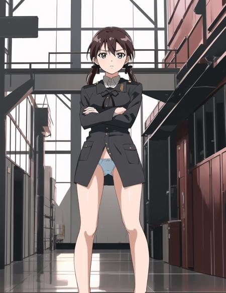 ((masterpiece)) ((best quality)) <lora:Trude0:0.8> Trude, 1girl, Solo, Uniform ,full body , standing in hangar , looking at viewer , crossed arms , panties , bottomless , no pants ,