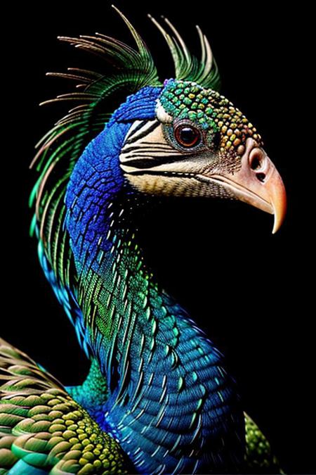 Create a photorealistic close up image of a peacock, feathers,vibrant colors and dark background, highly detailed, aesthetic, great lighting, extremely detailed,  award winning, perfect composition, a rich and complex image of nature, a vibrant tissue of hues and textures captured digitally, best quality, realistic, captivating, intricately detailed, hyper detailed, maximalist style, photorealist, sharp focus, dynamic lighting, superb composition, finest details, highest aesthetics, best quality, sharp focus, high contrast, stylized, clear, colorful, ultra quality, 8k, best quality, masterpiece,midjourneyv6.1, close up,