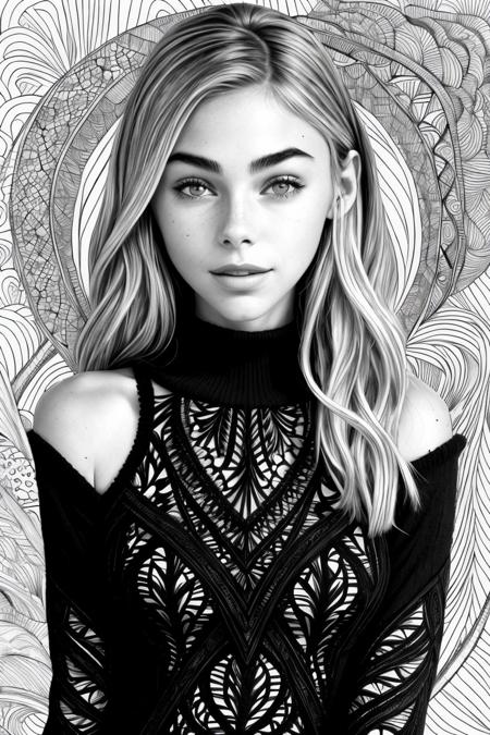 (zentangle style, patterned, intricate, detailed, black and white:1.15), headshot <lora:sd15_ElizabethTurner_mini_v1:.9> ElizabethTurner, focus on smiling face, wearing a thin sweater , her sage green color hair is styled as messy waves,