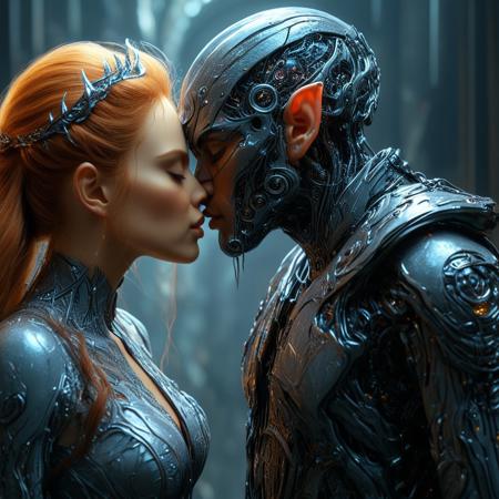 brutal biomechanical cyborg man kissing a beautiful elven queen, magical, sci-fi, beautiful, unimaginable, 
very dramatic, naturalistic, photorealistic, highly detailed digital art, science vs fantasy, 
accurate intricate and realistic anatomy, 
soft lighting, Cinematic, Color Grading, Editorial Photography, volumetric lighting, atmospheric, Photography,
