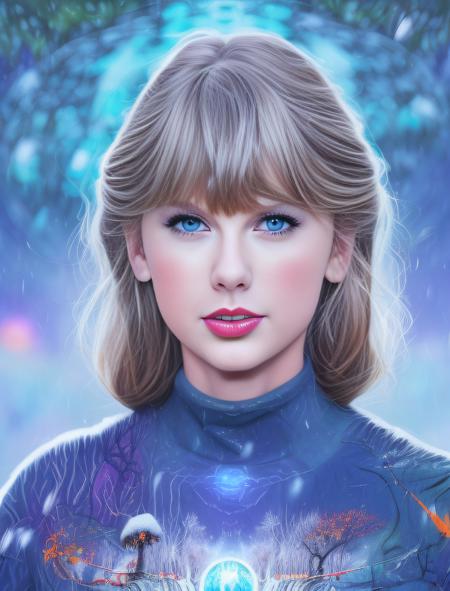 TaylorSwift, art by Magali Villeneuve, fantasy 90s illustration style of a Foolish Contemporary Girl, Weaver, Contrapposto, inside a Biosphere, Urban hillside, Snowing, Bokeh, Glitchcore, Azure sky, electric orange dust particles,  <lora:TaylorSwiftSD1.5:1>