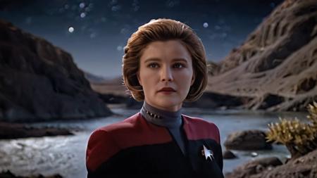 cinematic film still cinematic photo breathtaking  <lora:captain_janeway_100x100-step00014000:1> captain_janeway, woman, Alien planet, Captain Pike, 4K resolution, (extraterrestrial landscape), (vibrant sky with two moons), (otherworldly flora), (futuristic explorer gear), (sense of wonder), (rich and intricate details), (photo-realistic quality), (mysterious atmosphere), (shimmering alien lakes), (vast horizon), (unearthly colors), (dynamic shadows)
 . award-winning, professional, highly detailed . 35mm photograph, film, bokeh, professional, 4k, highly detailed . shallow depth of field, vignette, highly detailed, high budget Hollywood movie, bokeh, cinemascope, moody, epic, gorgeous, film grain, grainy