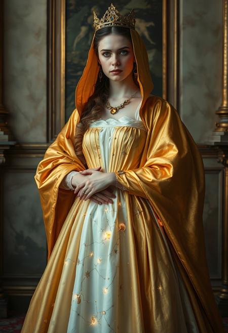 A mysterious queen in a golden robe, her dress embroidered with glowing constellations, as tiny celestial creatures peek from the folds, surreal fashion photography, romantic landscape watercolor, ethereal atmosphere, classical elegance, dreamlike compositions, fine art portraiture, soft lighting, historical costume fusion, modern surrealism, 19th century british romanticism, muted color palette, painterly textures, architectural backdrops, layered symbolism, poised figures, cinematic staging, nature-infused settings, refined drama
