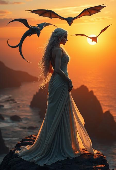 A sensual depiction of Daenerys Targaryen, the Mother of Dragons, standing on the edge of a cliff overlooking the sea at sunset. She wears a flowing, form-fitting gown that billows in the wind, her platinum hair cascading down her back. Her dragons circle above, casting long shadows across the rocky landscape. The warm, golden light of the setting sun enhances her ethereal beauty, creating a powerful and seductive presence as she gazes out over her kingdom with a fierce determination.