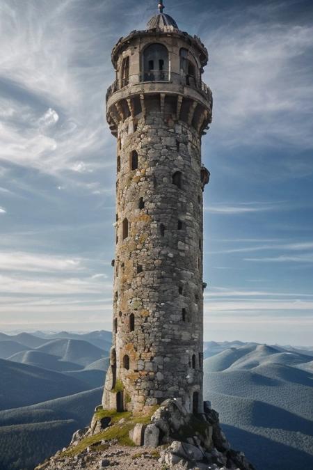 realistic analog photo, award winning photo, vary wide shot of magic stone witow tower:1.3, (Military watchtower on the Mountain summit:1.3), scenery, fantasy, outdoors, RAW, highres, 8k, uhd, High Dynamic Range, tonemapping, crisp details,