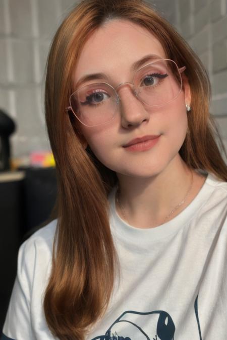 Photo of h4ruj199ly woman, detailed face, (blurred background)+, tshirt, glasses