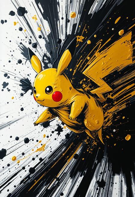 A hyper-stylistic, extremely detailed image depicts a breathtaking painting, crafted from a combination of smeared black and gold metallic paint. A Pikachu is captured in a streaked motion, as if it is moving rapidly in one direction. The black paint is applied in bold, dynamic strokes, creating a sense of energy and movement that is contrasted beautifully by the golden accents. The gold paint is used to highlight the Pikachu's features, adding a sense of depth and dimensionality to the image. The overall effect is one of breathtaking, surreal dynamism, as if the viewer has captured a fleeting moment in time. Every detail of the image is meticulously crafted, from the delicate, swirling patterns of the gold paint to the intricate, textured patterns of the black paint. The contrasts between light and dark, color and texture, create a sense of tension and energy that draws the viewer in, inviting them to explore the kinetic world of the painting. highest-Quality, intricate details, visually stunning, Masterpiece