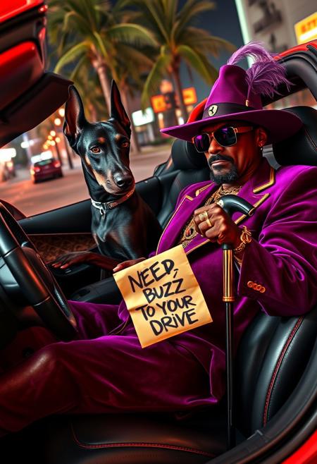 A fierce black Doberman with cropped ears, eyes sharp and intimidating, commands the driver’s seat of a flashy 80s red Ferrari, gripping the wheel with a deadly focus. Beside him, Snoop Dogg, decked out in full pimp style, lounges with effortless swagger. He’s rocking a purple velvet suit with gold trim, a wide-brimmed hat adorned with a feather, oversized gold chains, and flashy rings on every finger. His cane rests across his lap, and he casually holds a crumpled letter with bold, graffiti-style text that reads: "NEED BUZZ TO DRIVE." The Ferrari’s interior is lined with slick, black leather and aggressive red stitching, radiating luxury. Outside, a neon-lit Miami backdrop with swaying palm trees and gritty streets contrasts the car's polished exterior. The entire scene oozes photorealistic detail, dripping with a mix of high-end style, street cool, and edgy attitude.
