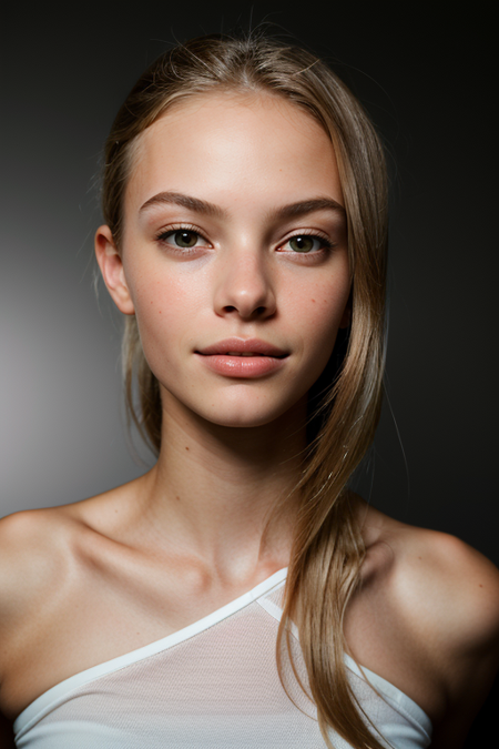 ImogenHarvey, close-up portrait of head and shoulders, hair pulled back, ((photorealistic, lifelike skin texture, subtle imperfections, natural complexion, soft lighting, skin texture, natural beauty, serene, fine lines, pores, cinematic, high-end skincare ad, black background, extremely detailed, absurdres photograph))