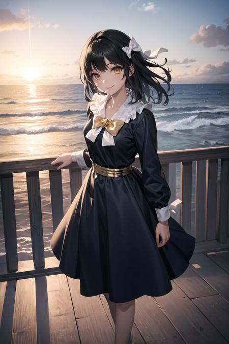 masterpiece, best quality, 1girl, black hair, golden eyes, long blue dress, white bow, gold brooch, ocean in background, boardwalk, railing, smile, gentle breeze