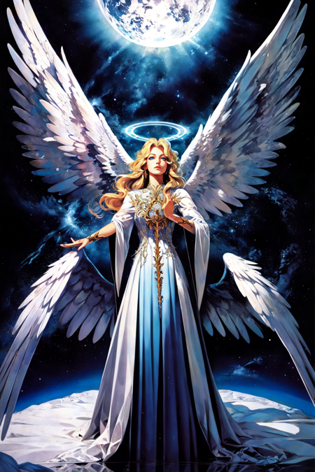 FantasyBookCover Style, 1girl, solo, long hair, blue eyes, blonde hair, dress, wings, wide sleeves, halo, angel wings, robe, angel, four point perspective, masterpiece, official art, <lora:Fantasy_Book_Style:0.6>