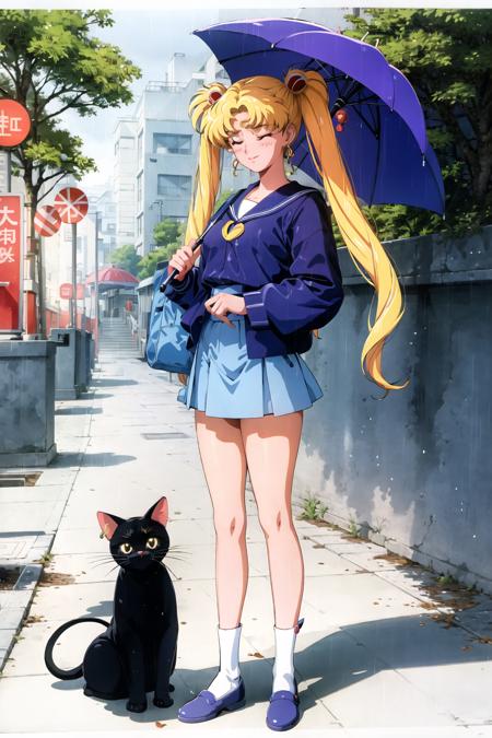 1990s \(style\), 1girl, animal, animal on shoulder, animalization, black cat, black umbrella, blonde hair, blue umbrella, casual, cat, closed eyes, crescent, crescent facial mark, double bun, earrings, full body, holding, holding umbrella, jewelry, long hair, oil-paper umbrella, parasol, pink umbrella, rain, red umbrella, sailor moon redraw challenge, shared umbrella, sidewalk, skirt, transparent, transparent umbrella, tsukino usagi, twintails, umbrella, white umbrella