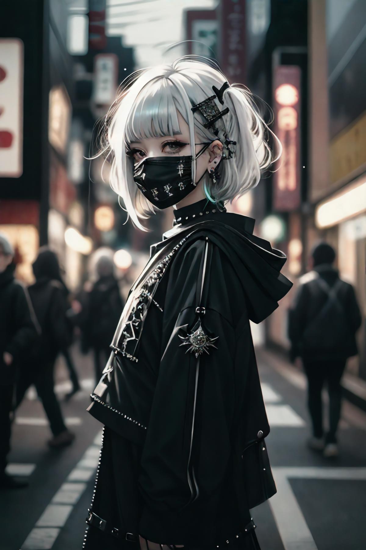 A woman with blonde hair and a gas mask on her face stands in a city street.