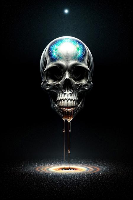 A close-up photorealistic image of a crystallic floating skull facing the viewer with its mouth open, pouring from it's mouth a shimmering liquid resembling the universe onto the ground, filled with rich stars and swirling galaxies. A simple void background enhances the dark atmosphere, shrouded in fog, capturing the hypnotic flow and shimmer of the cosmic liquid, dutch view,