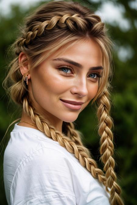 romantic style, dramatic, emotional, nature, highly detailed, photo of <lora:sd15_lora_AnnaVonKlinski_96_v1:.9> AnnaVonKlinski with dirty blonde highlights, focus on eyes, close up on face, smiling, wearing jewelry, light magenta hair styled as rope braid,