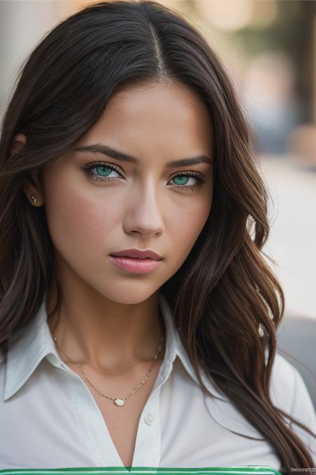 <lora:4dr14n4l1m4:0.9>, a Realistic photo of 4dr14n4l1m4 woman, breasts, looking at viewer, brown hair, hair ornament, white shirt, makeup, green eyes, upper body, parted lips, lips, realistic, soft lighting, professional Photography, Photorealistic, detailed eyes, RAW, analog, sharp focus, 8k, HD, DSLR, high quality, Fujifilm XT3, film grain, award winning, masterpiece