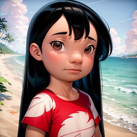 ((masterpiece, best quality)), 1girl, solo, portrait, black hair, brown eyes, dark skin, child, long hair, red dress, lilo pelekai,  <lora:LiloPelekai_0606:0.6>,beach,