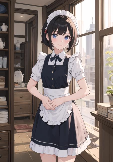 (masterpiece, best quality), 1girl, petite, maid uniform, cleaning, adorable smile