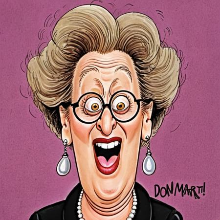 cartoon of Meryl Streep ,   in (donmartin style:1.2), caricature,  surprised.  A magical kingdom where everything is perfect and everyone is happy,  facial expression,(  caricature:0.4),  HQ, high resolution,  crisp lines,   detailed eyes and lips, by don martin <lora:DonMartin_StyleXLv6.6:0.8>  <lora:add-detail-xl:0.04> <lora:xl_more_art-full_v1:0.05>