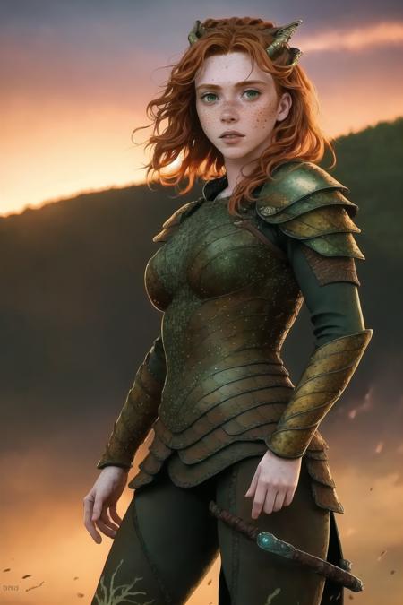 <lora:doricv2:1.3>,doric,armor,freckles,(extremely detailed), full body shot photo of the most beautiful woman in the world, beautiful women, sunset, Intricate, High Detail, realistic, green eyes