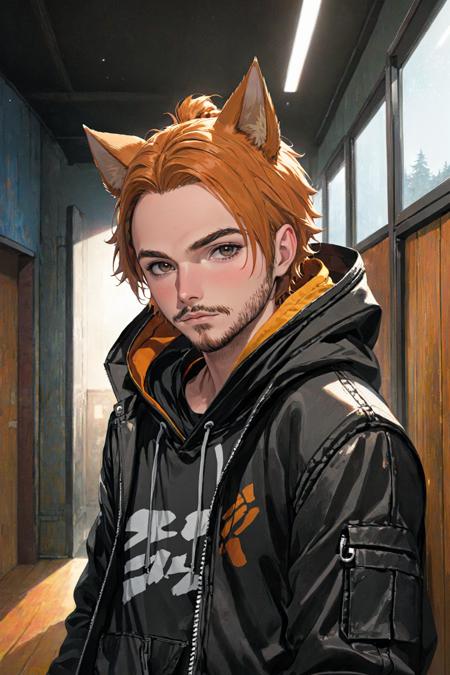 Roiadan Vanzey,  solo,  looking at viewer,  1boy,  animal ears,  jacket,  upper body,  male focus,  parted lips,  open clothes,  indoors,  hood,  black jacket,  hoodie,  facial hair,  beard, <lora:EMS-43353-EMS:0.400000>