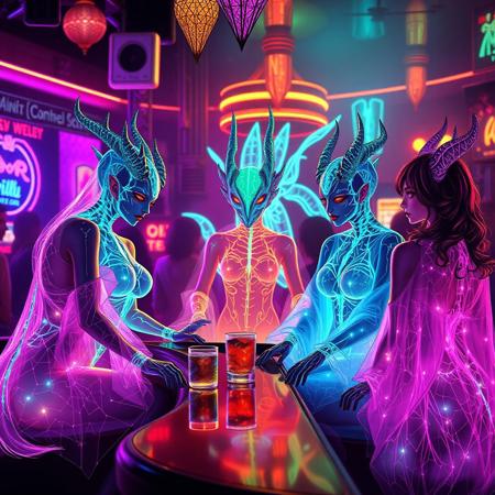 A vivid, cinematic strip club scene, illuminated by the pulsating neon lights that cast an ethereal glow on the bioluminescent patrons. In the center of this vibrant tableau, a stunning 32k masterpiece unfolds in a series of manga panels, each depicting a unique transformation sequence of five female Archaea and 1 Bioluminescence translucent male Kaiju. The females, with their translucent bodies revealing intricate bioluminescent veins, wear shimmering glass-like robes that seem to shatter and reassemble as they dance, each movement creating mesmerizing patterns of light. The 3 of them are Sitting at the bar talking,
Model:
Aitubo Waifu v2
Style
None
LoRA
SDXL Dragon Style