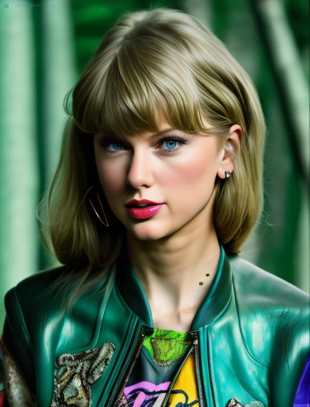 TaylorSwift, art by Arthur Elgort, photograph, hyper detailed, Shiny Zen (Girl:1.1) , wearing [Inspired|Arcane] wabi-sabi dark green Moto jacket, shallow depth of field, Slimepunk, Ethereal Lighting, film grain, Samsung Galaxy, L USM, anaglyph filter, glimmering transformation,  <lora:TaylorSwiftSD1.5:1>