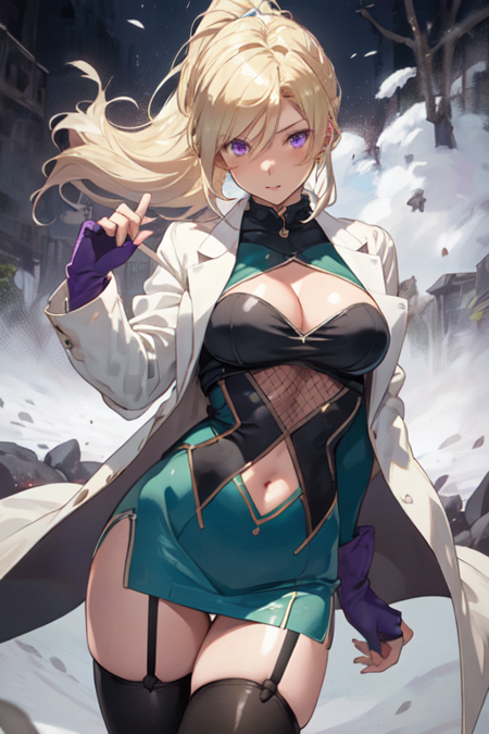 TomikashiMatoi, 1girl, solo, long hair, blonde hair, large breasts, green bodysuit thighhighs, fingerless gloves, navel cutout, cleavage, purple eyes, ponytail, miniskirt, black thighhighs, garter straps, fishnets, labcoat