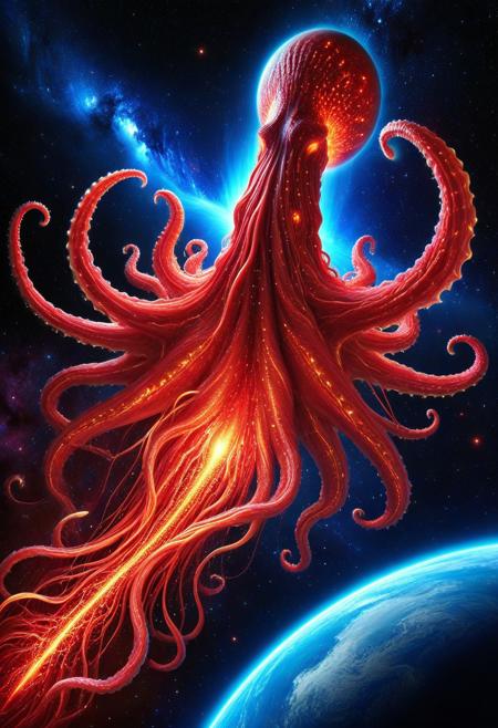 (colossal cosmic squid:1.4), (larger than planets:1.3), (luminescent red glow:1.3), massive glowing tentacles, (giant space squid devouring a planet:1.4), [[surreal]] sci-fi space scene, glowing red bioluminescent patterns across its body, deep space background [[[[filled with distant stars and galaxies]]]], (planet being pulled apart), sense of massive scale, ultra detailed textures, vibrant lighting, epic composition, cinematic perspective, high contrast,
