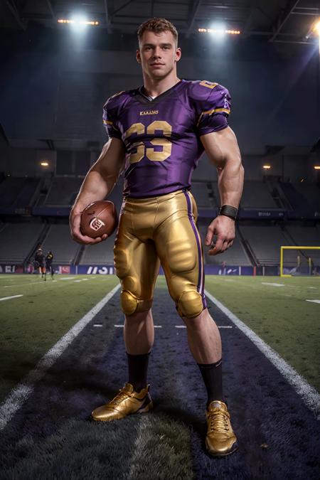 On a football field, holding a football, DustinKane, American football player wearing deep purple and metallic gold American football uniform, (((full body portrait))), full body shot, wide angle  <lora:DustinKane:0.75>