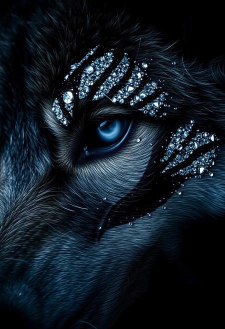 The extreme macro photo captures a fearsome grey wolf's left eye, bathed in a dark and inky contrast. Its piercing pure diamond eyes and sharp teeth are visible in the background. The wolf's dark fur, matted and messy around the eye due to the sparkle,contrasts dramatically with the shinning diamond markings that adorn its face, particularly around and over the eye, resembling scales or armor. The spray paint gives the markings a wet, messy appearance. The photo is highly detailed and intricate.