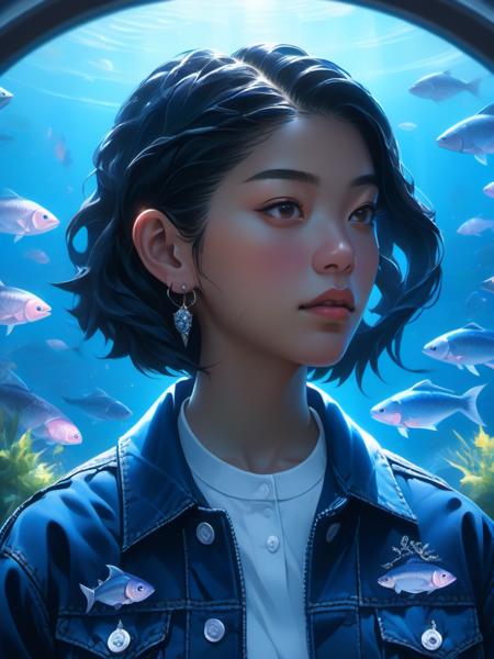 BJ_Teenage_Fantasy, 1girl, solo, short_hair, black_hair, brown_eyes, jewelry, jacket, upper_body, earrings, parted_lips, mole, lips, black_jacket, mole_under_eye, fish, nose, denim_jacket, aquarium,
Anime,8k,intricate,highly detailed,(masterpiece, sidelighting, finely detailed beautiful eyes:1.2),hdr,realistic,high definition,
<lora:Teenage_Fantasy_SDTX_test1:0.7>,