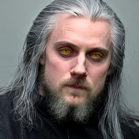 photo of forsen_person, long beard, geralt of ryvia, witcher, gray-haired, long messy hair, yellow eyes, cat pupils