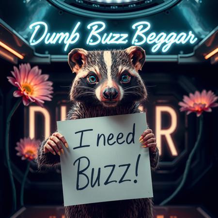 masterpiece, intricate photo, realistic outer space alien animal grinch badger holding a white sign on which is written "I need Buzz!", background interior of a spcecraft, giant alien flowers at the walls, in the background is written in neon letters "Dumb Buzz Beggar", hyper realistic, highly detailed, sharp focus, crepuscular lights in the background, dawn of technology, dark art, gothic art, cyberpunk style, best quality, high resolution, colorful, vibrant colors, studio lighting, high quality image, no wrong proportions, 8K
