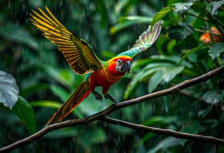 Close up parrot flying in to land on branch, jungle, rain,