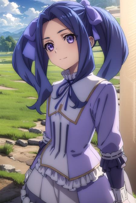 meltyqmelromarc, <lora:melty q melromarc s3-lora-nochekaiser:1>,
melty q melromarc, long hair, ribbon, twintails, blue hair, (purple eyes:1.1), hair ribbon, purple ribbon, (parted bangs:1.5), smile,
BREAK long sleeves, dress, frills, ribbon trim, purple dress,
BREAK outdoors, forest, nature, sun, sky, trees, clouds, grass,
BREAK looking at viewer, (cowboy shot:1.5),
BREAK <lyco:GoodHands-beta2:1>, (masterpiece:1.2), best quality, high resolution, unity 8k wallpaper, (illustration:0.8), (beautiful detailed eyes:1.6), extremely detailed face, perfect lighting, extremely detailed CG, (perfect hands, perfect anatomy),