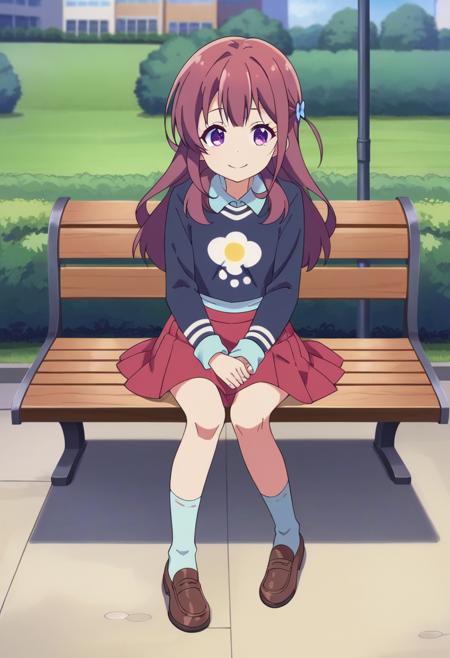 chitosek, long hair, brown hair, purple eyes,  chitosek, baseoutfit, long hair, skirt, brown hair, shirt, long sleeves, purple eyes, pleated skirt, shoes, socks, red skirt, brown footwear, blue shirt, loafers, chitosek, sleepoutfit, pink pajamas, long hair, long sleeves, purple eyes, red hair, white shorts, sweater, two side up, v-shaped eyebrows, pink sweater,